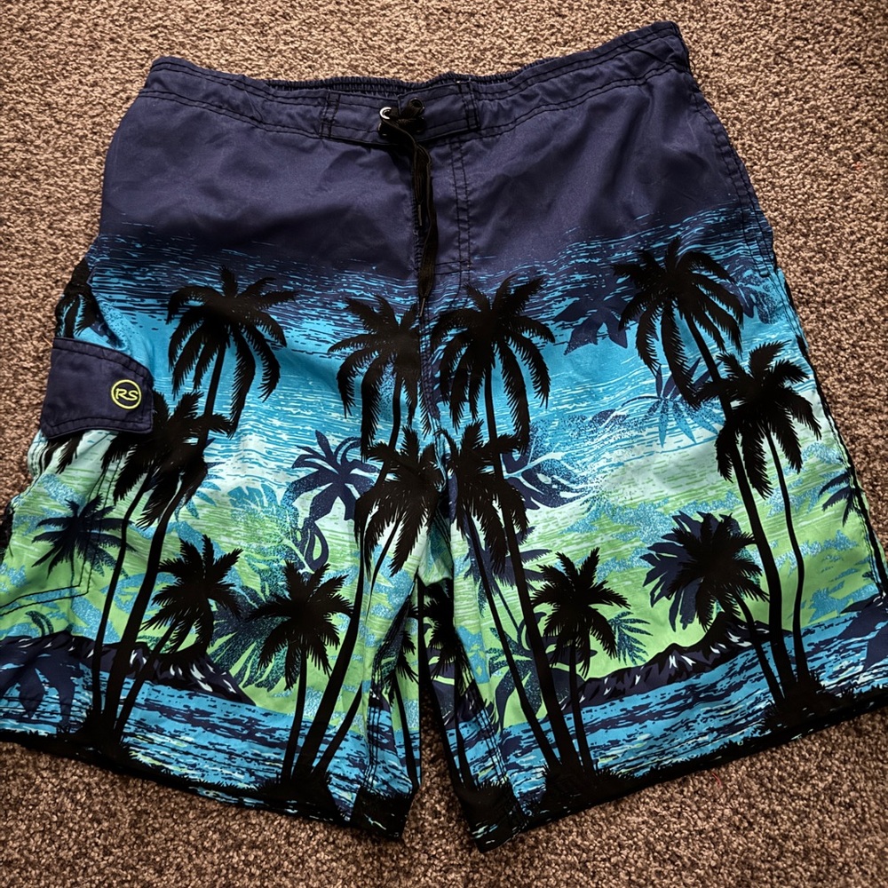 Men's Blue and Green Palm Tree Swim Shorts